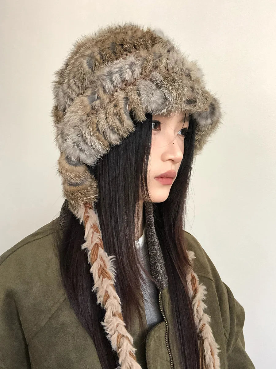 Rabbit Hair Mixed Wool Hat For Women Autumn And Winter Style Thickened And Warm Knitted Hat Cold-Proof And Ear-CoveringEd Hat