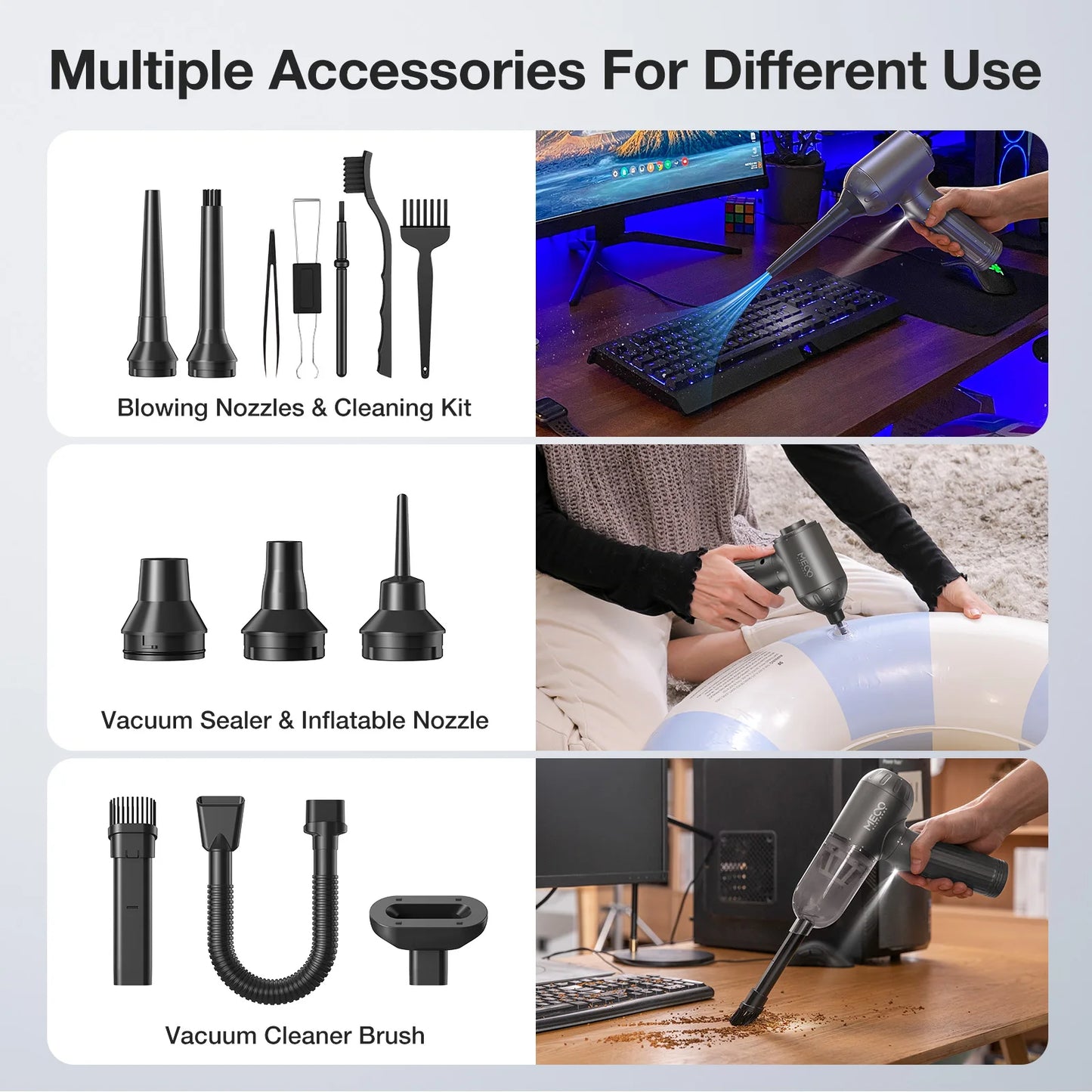 MECO ELEVERDE ME-VC2 Electric Compressed Air Duster & Vacuum Cleaner 4 in 1 Function Powerful 3-Gear Keyboard Cleaner for Home