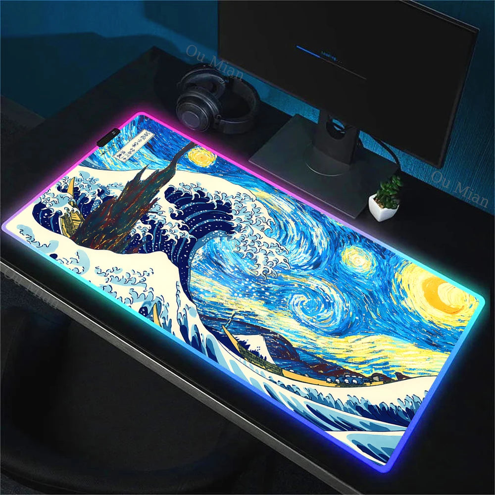900x400mm RGB Mouse Pad The Great Wave off Kanagawa Design Waterproof Backlit Gaming Mousepad Protector with Laptop Accesso Mat