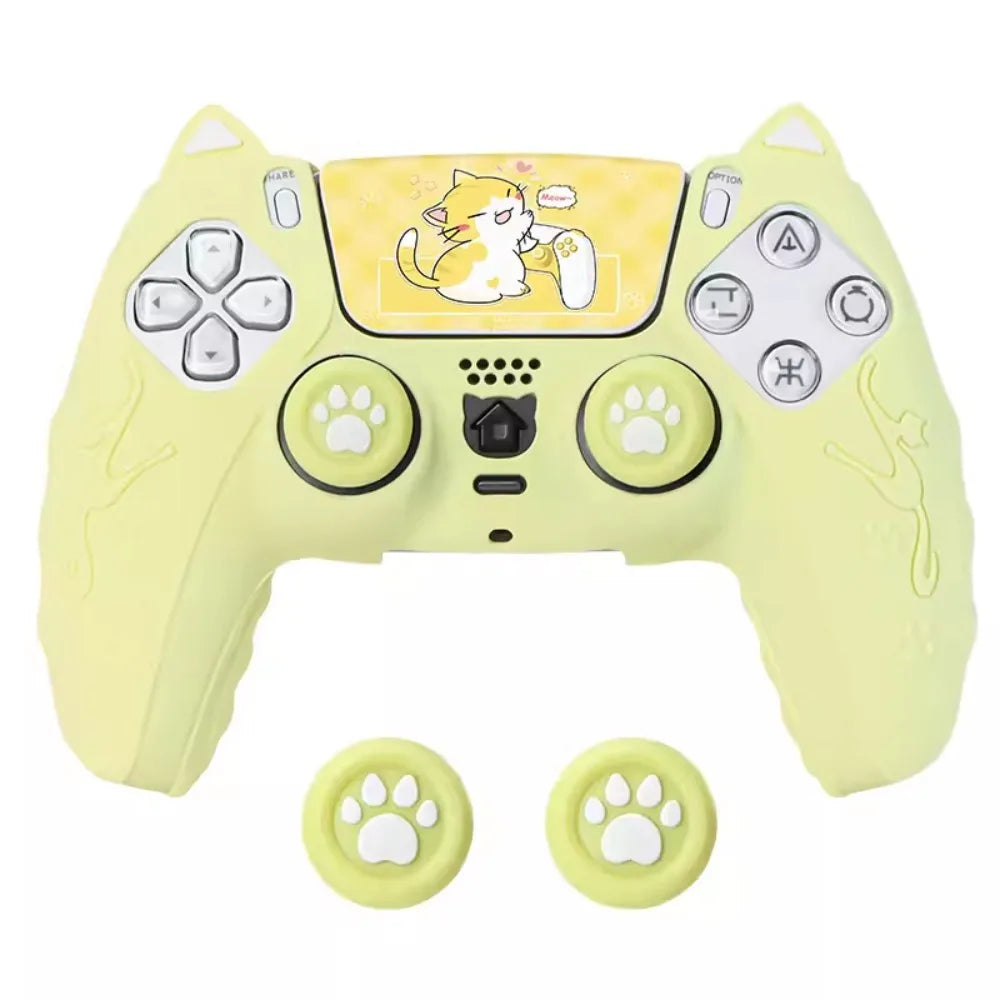 Silicone Controller Case Set with Thumb Grip Caps Cat Paw Controller Skin with Sticker Anti-slip Protective Shell Cover for PS5