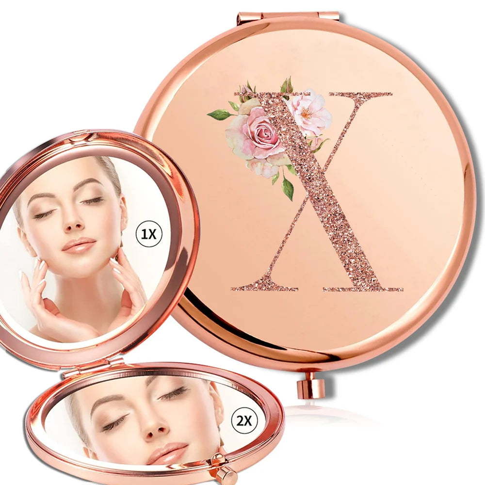 Magnifying Makeup Round Mirror Double Sided Metal Cosmetic Portable Look Glass Compact Handheld Mirror Rose Gold Letter Pattern