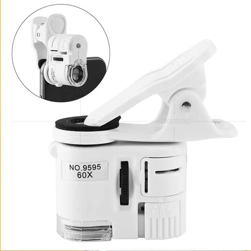 New 60X Mobile Phone Microscope Magnifier with LED Light Phone Universal Mobile Magnifying Glass Macro Lens Zoom Camera Clip