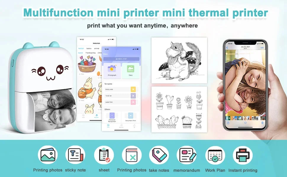 Mini Bluetooth Thermal Printer 200dpi for Labels, Photos, and Memo Printing - Portable with USB Cable