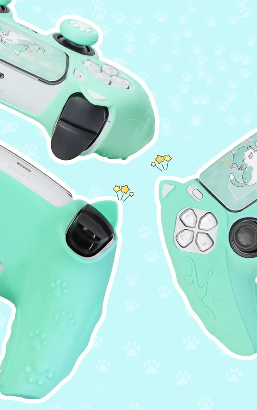 Silicone Controller Case Set with Thumb Grip Caps Cat Paw Controller Skin with Sticker Anti-slip Protective Shell Cover for PS5