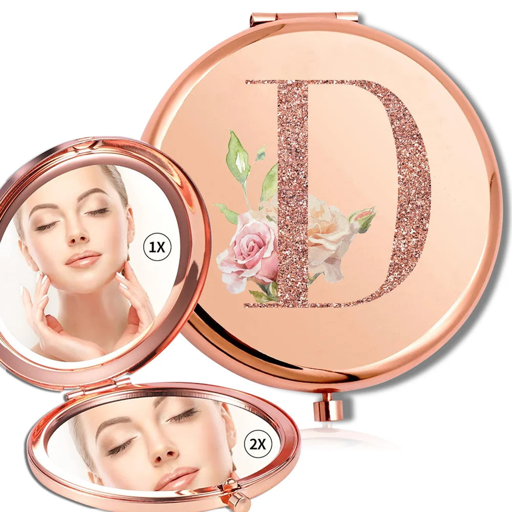 Magnifying Makeup Round Mirror Double Sided Metal Cosmetic Portable Look Glass Compact Handheld Mirror Rose Gold Letter Pattern