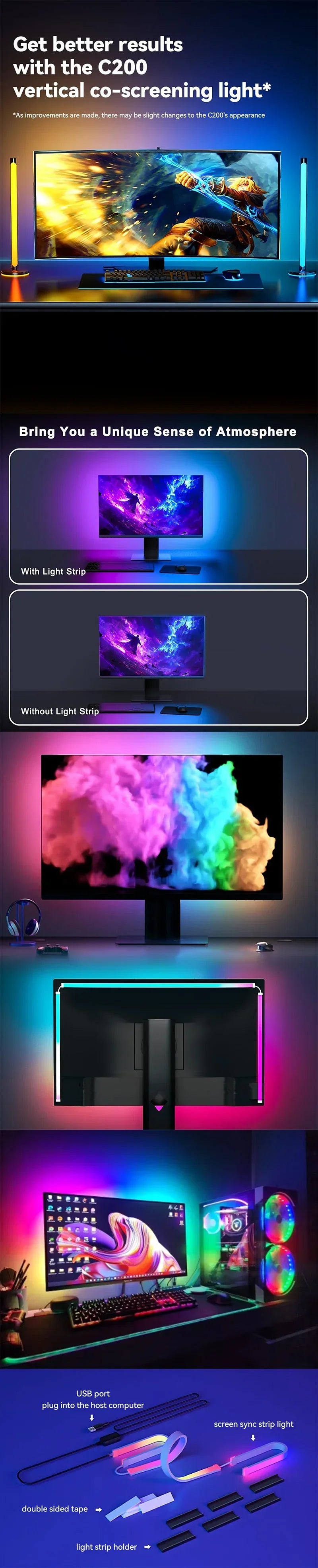 Smart Gaming RGB Backlight Ambient Lights Display Lighting Streaming Colourful LED Strip Light for Gaming Desktop Screen Sync