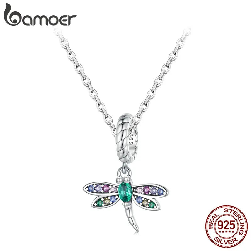Bamoer 925 Sterling Silver Colorful Zircon Dragonfly Pendant Necklace Dainty Insect Neck Chain for Women Valentine's Day Gift