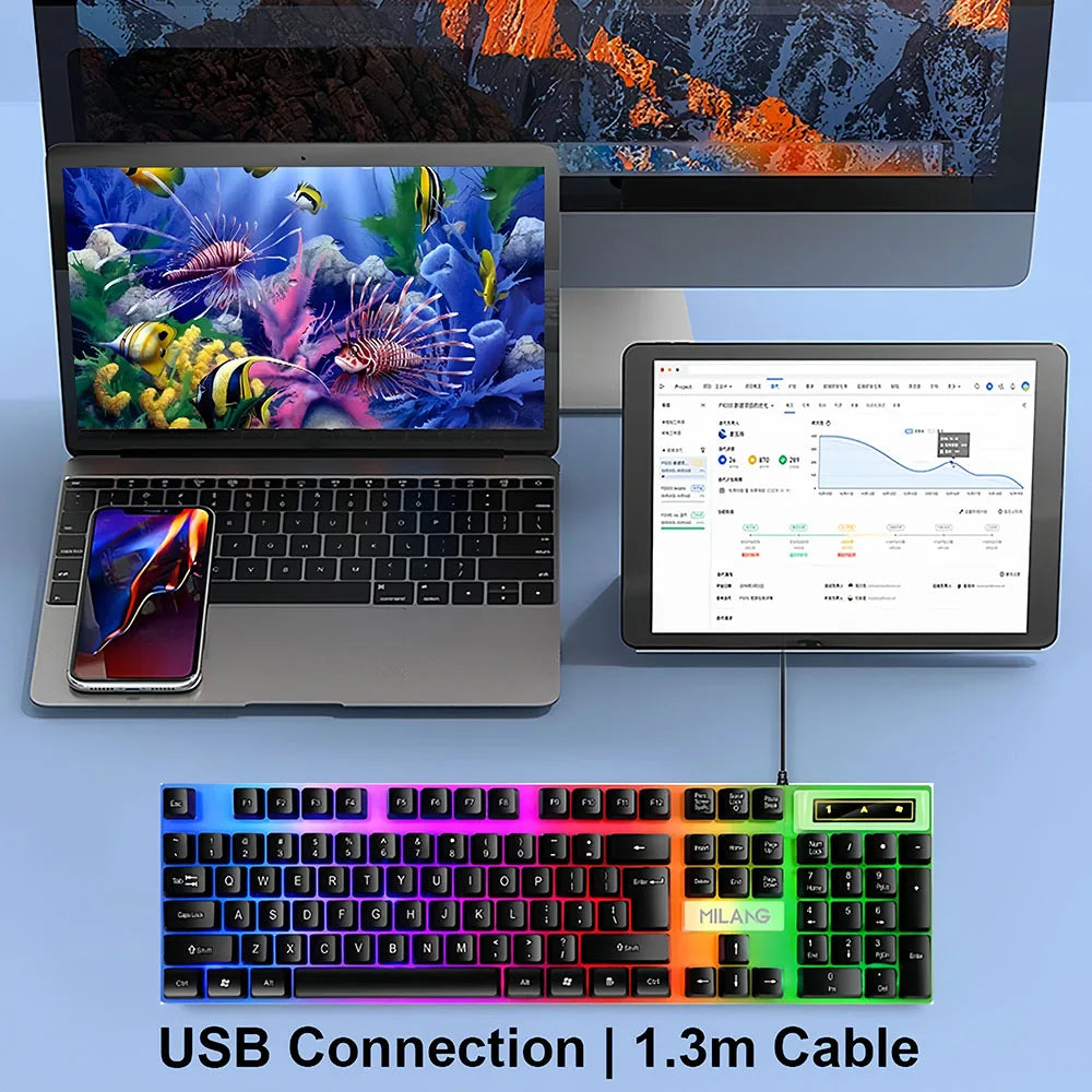 RGB Gaming Keyboard 104 Keys USB Wired Keyboard Standard Keyboard Floating Button Backlit Keyboard for PC Computer Laptop