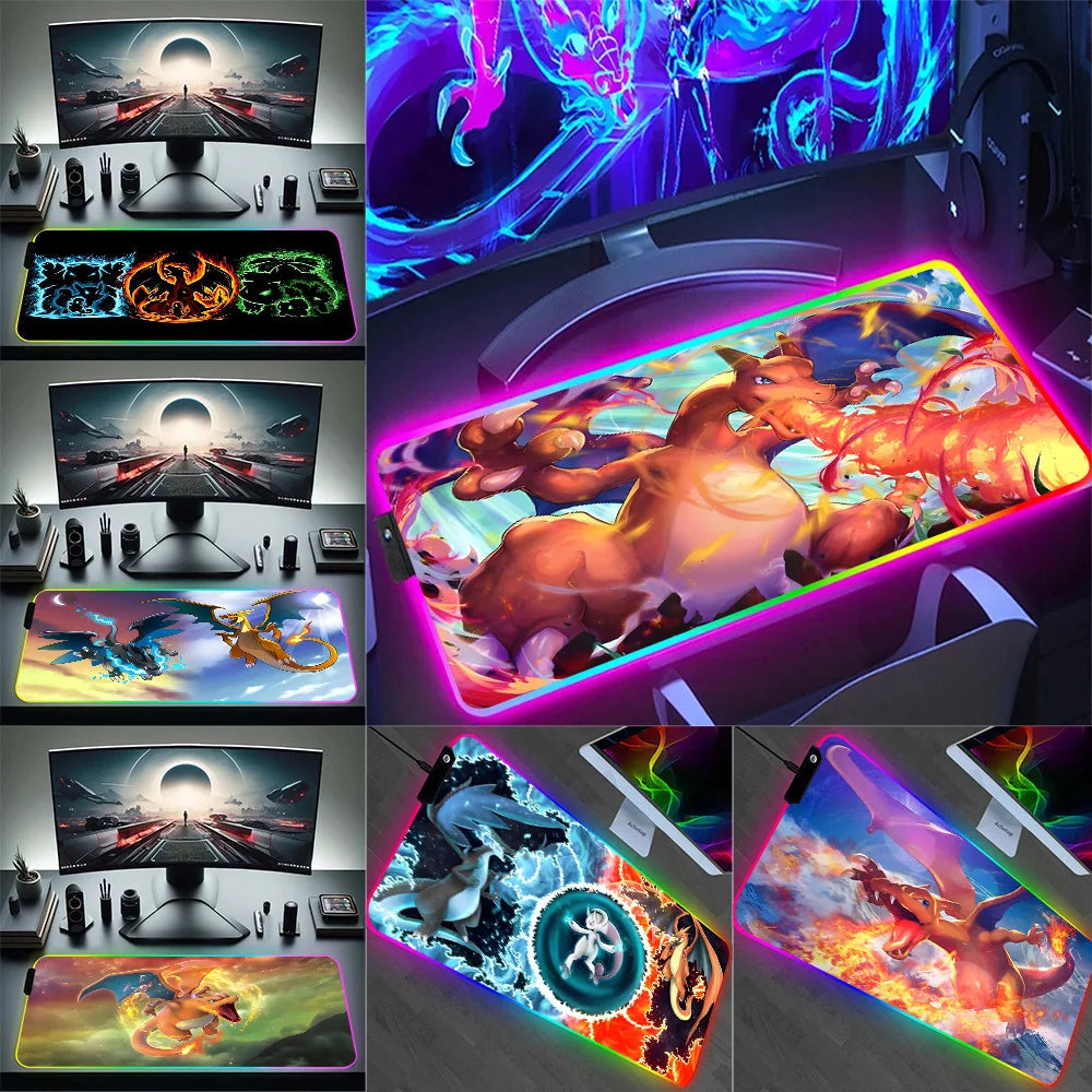 RGB Pc Gamer Keyboard Mouse Pad Mousepad LED Charizards Glowing Mouse Mats Rubber Gaming Computer Mausepad