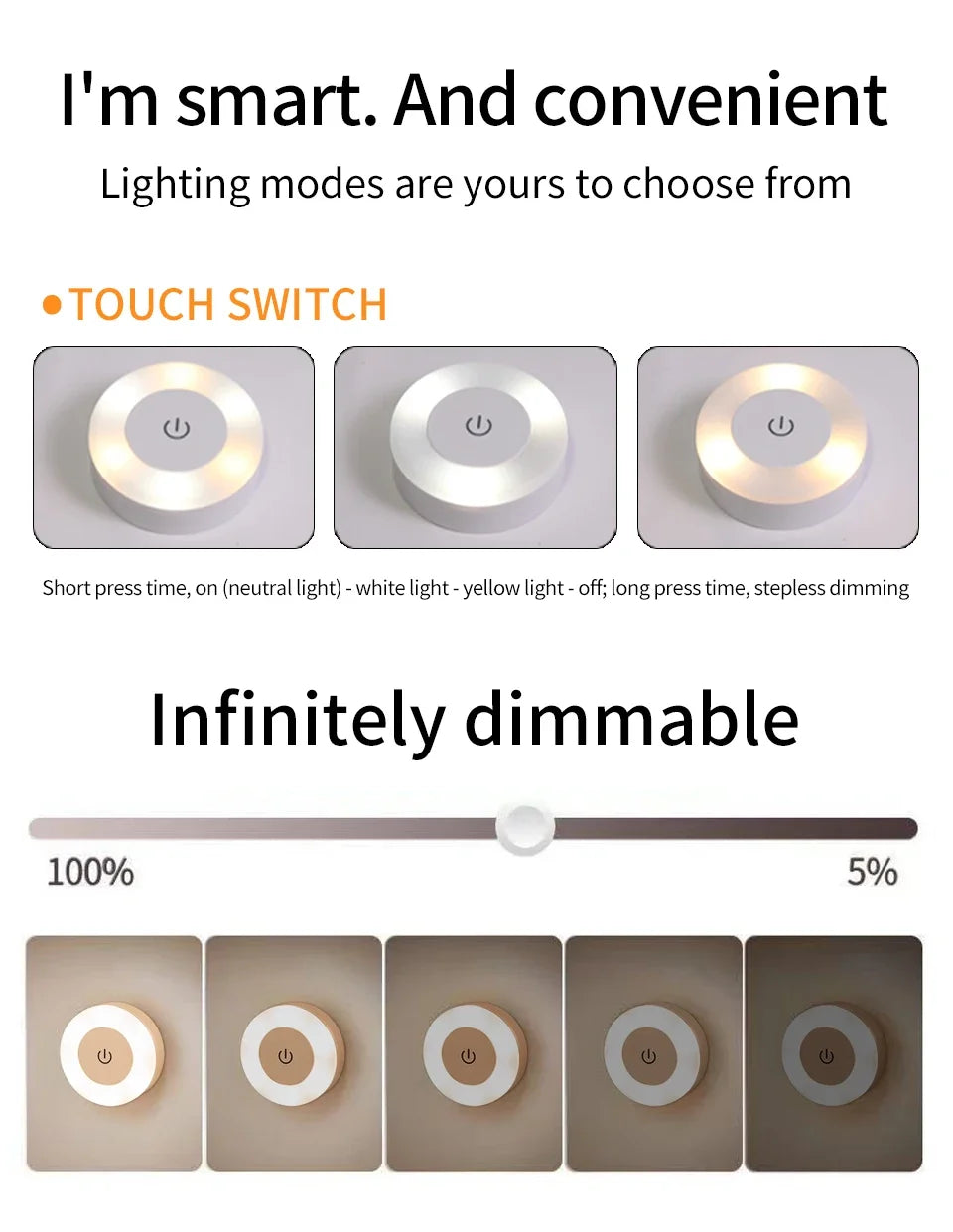 Wireless Led Book Light 6cm Rechargeable Wall Lamp with Touch Switch Night Light 3-Colors Dimmable Portable for Bedroom Reading
