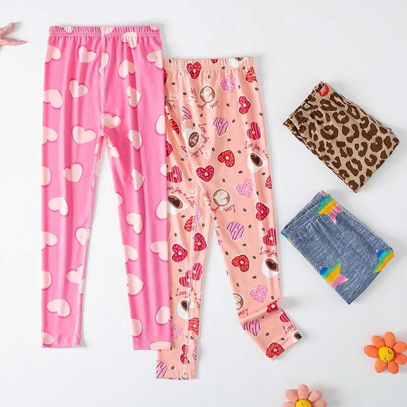 2/4 Pcs Children's Mix And Match Love Printed Leggings Girls Casual Joker Slim 9 Pants Fashion Elastic Waist Valentine's Day pan