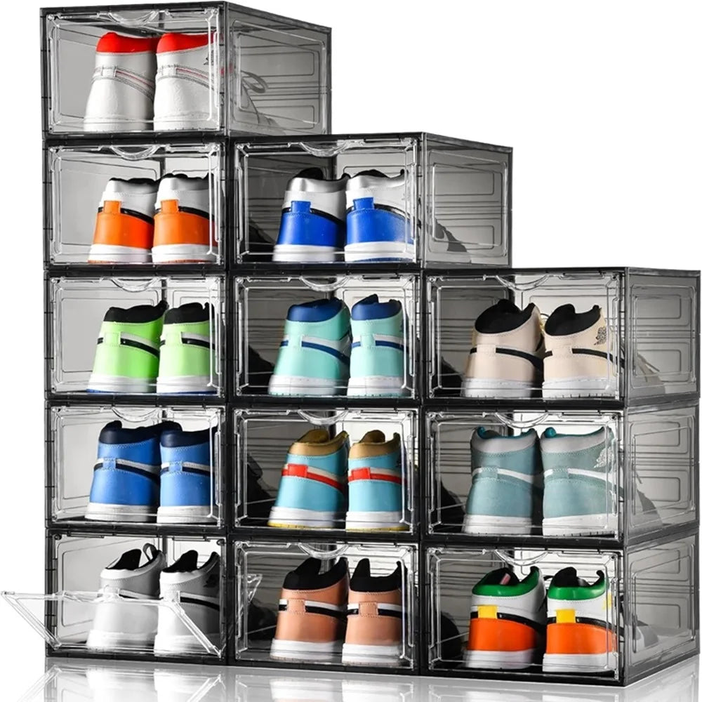 12Pack Clear Stackable Wall-Mounted Shoe Organizer Large Plastic Shoe Cabinet Dust-Proof Magnetic Door Boot & Hat Storage for Me