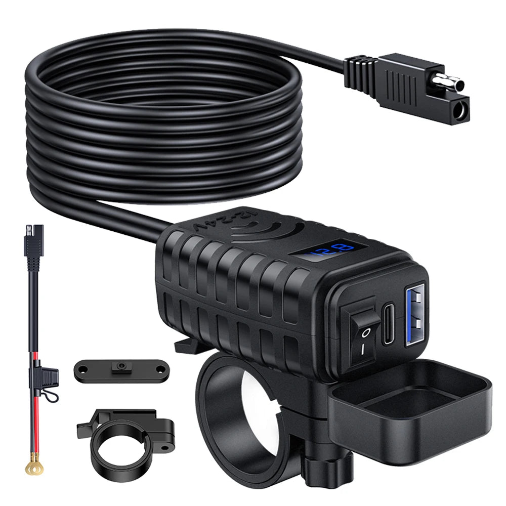 Motorcycle Phone Charger 48W Waterproof Motorcycle USB Charger Socket with Voltmeter & ON/Off Switch for Phone, Tablet, GPS