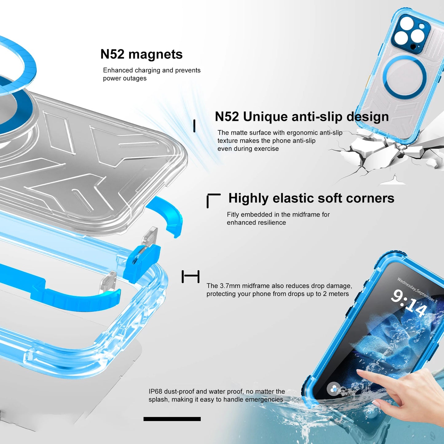 Phone Case Water Proof Magnetic IP68 Full Body Shockproof Cell Phone Cover Built in Camera Control Fully Sealed Phone Protector