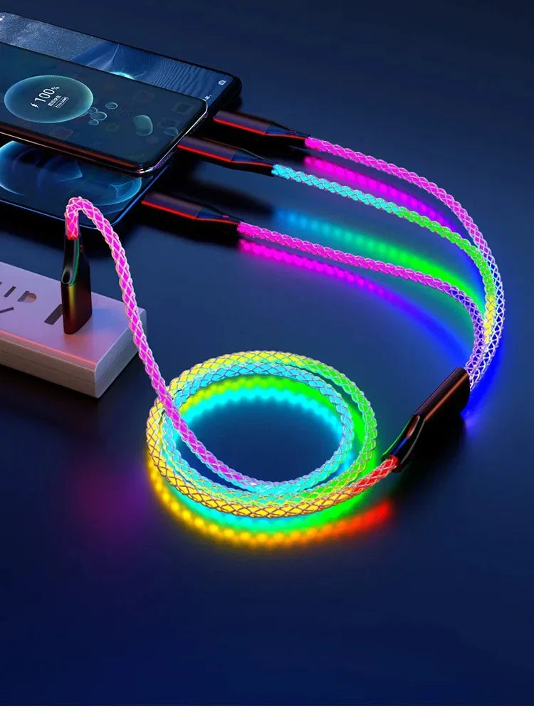 3 in 1 1.2M 6A Super Fast Charging Colorful Light Data Cable Drag Three RGB Breathing Gradient Car Charging Cable USB Universal
