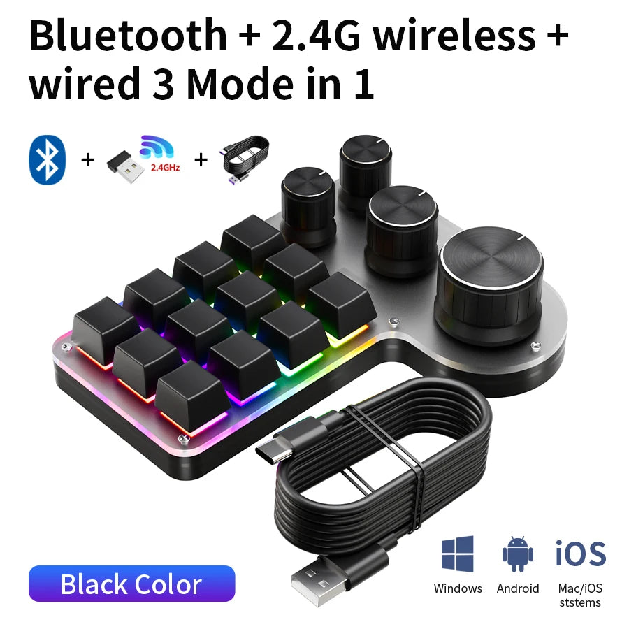 3 Modes 12 Keys Mechanical Keyboard 4 Knobs Custom Programming Macro Gaming Keyboard RGB Bluetooth 2.4G USB Wired Keypad for PS