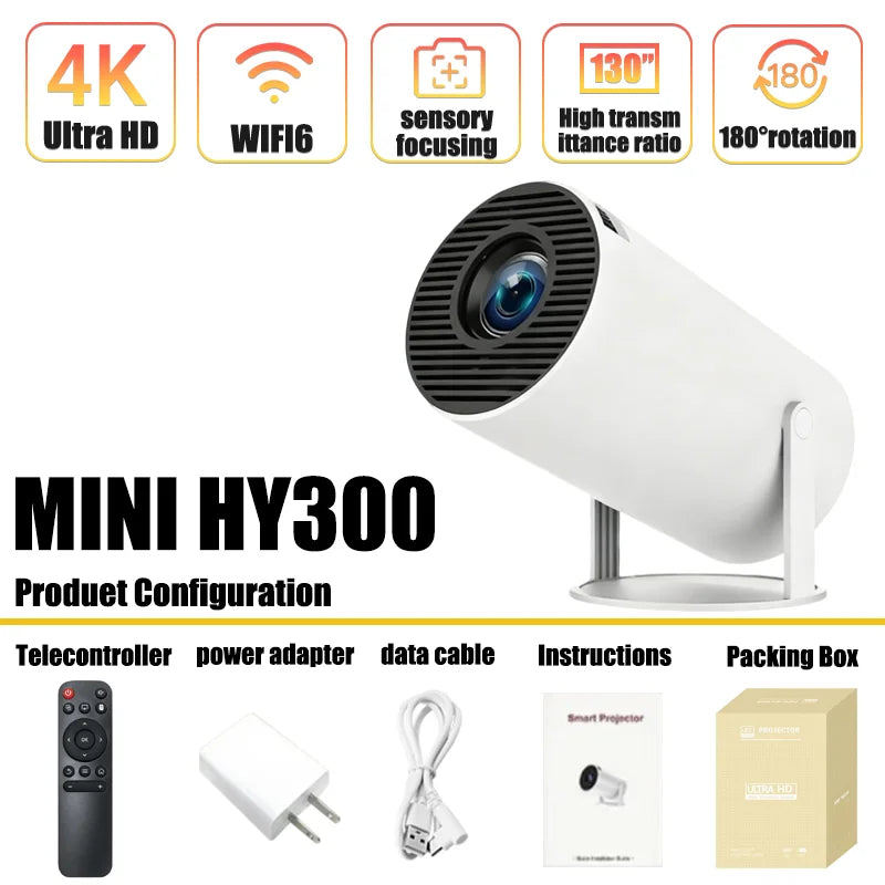 Portable Projector 4K Ultra HD 2025 MINI HY300 300ANSI Brightness Android 11 BT54 Electronic Focus Built in Speaker Home Theater