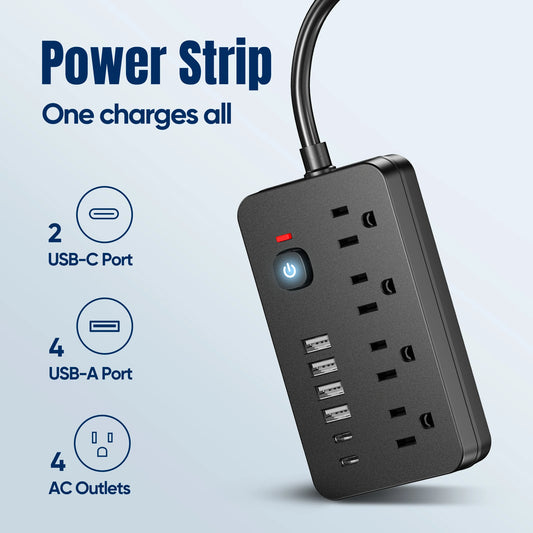 10-in-1 US Power Outlet, Extension Cord, 10ft Corded Power Outlet Surge Protector, 4 AC Outlets, 4 USB 2 Type-C, Desktop Chargin