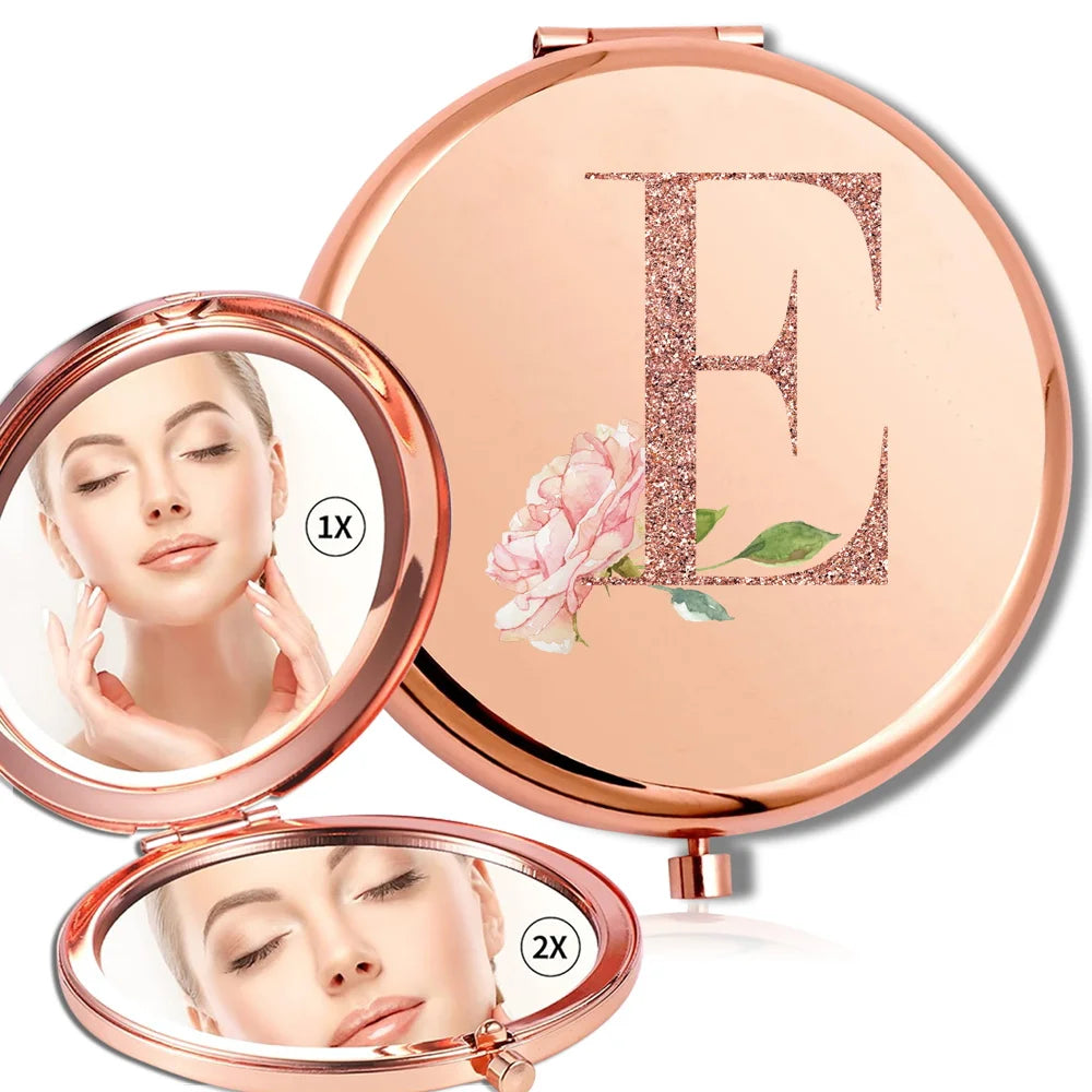 Magnifying Makeup Round Mirror Double Sided Metal Cosmetic Portable Look Glass Compact Handheld Mirror Rose Gold Letter Pattern