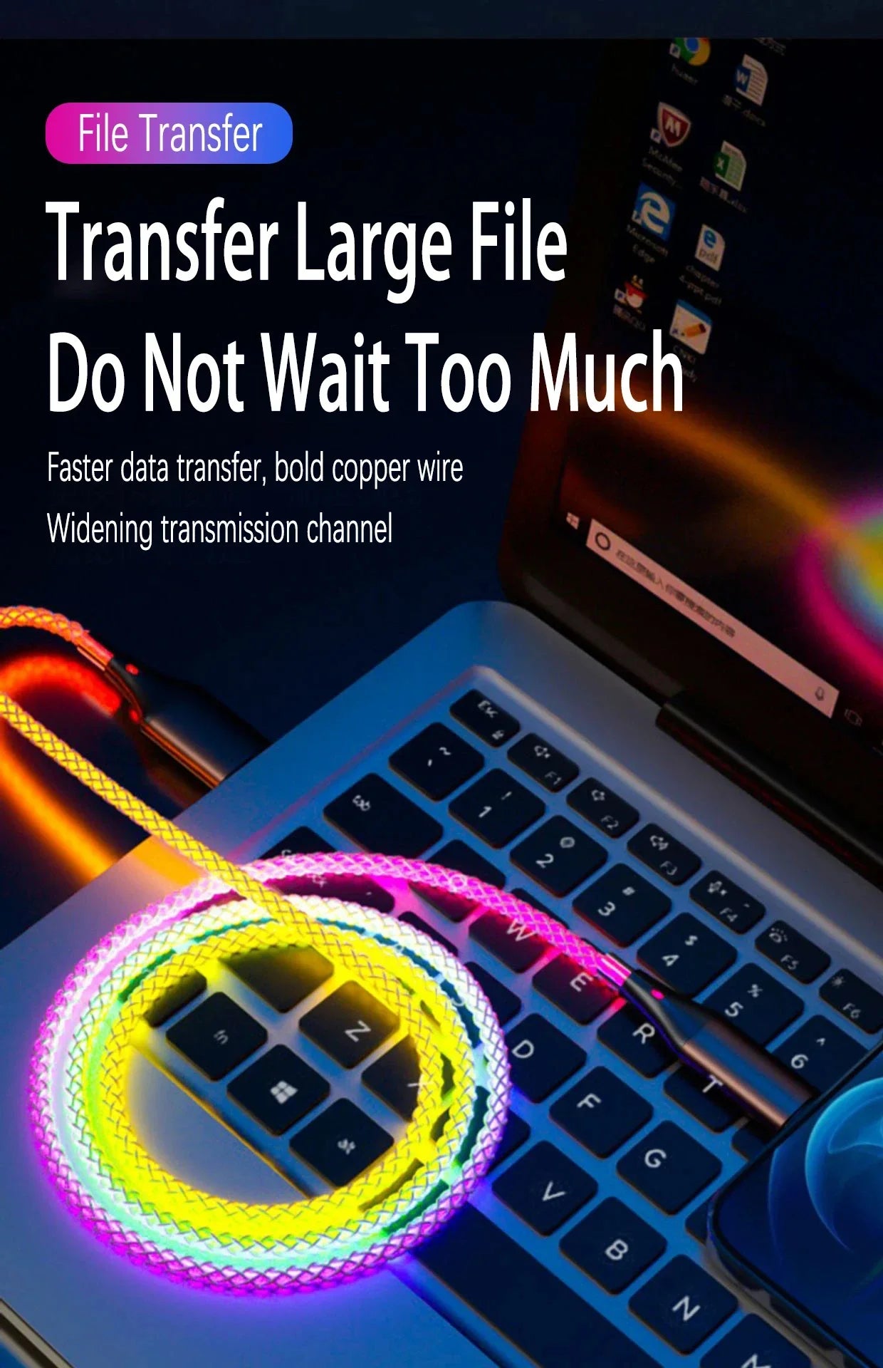 3 in 1 1.2M 6A Super Fast Charging Colorful Light Data Cable Drag Three RGB Breathing Gradient Car Charging Cable USB Universal