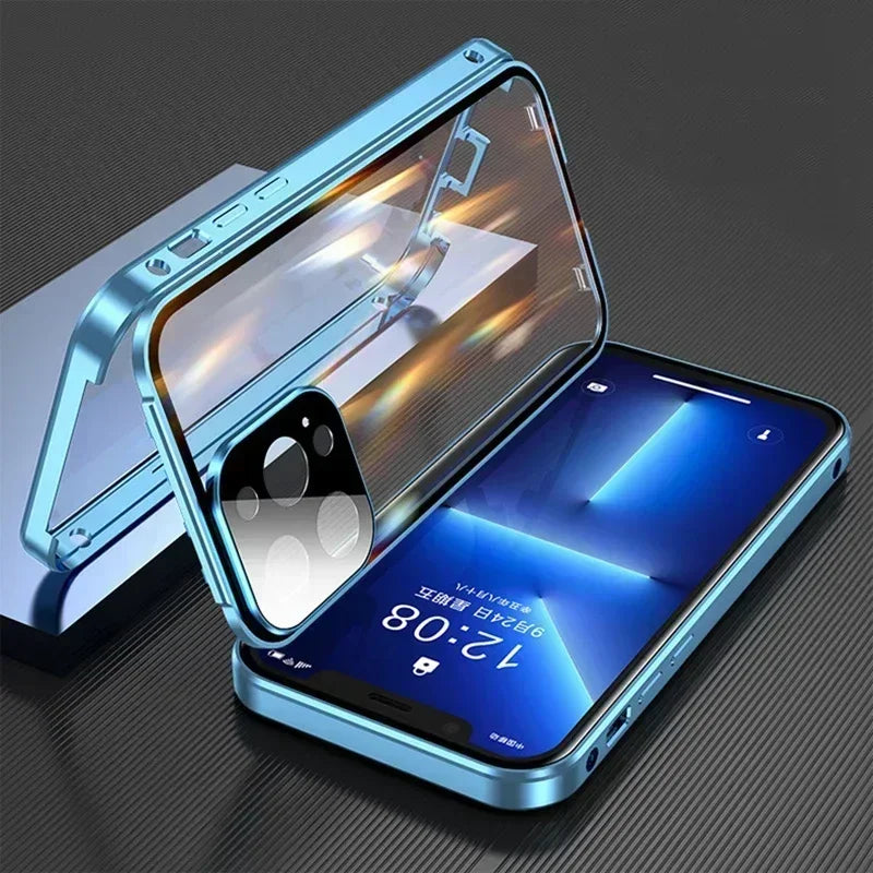 Double Sided Buckle Magnetic Glass Case For iPhone 17 16 15 14 13 12 Pro Max Air Mini Plus 360° Full Body Protection Phone Cover