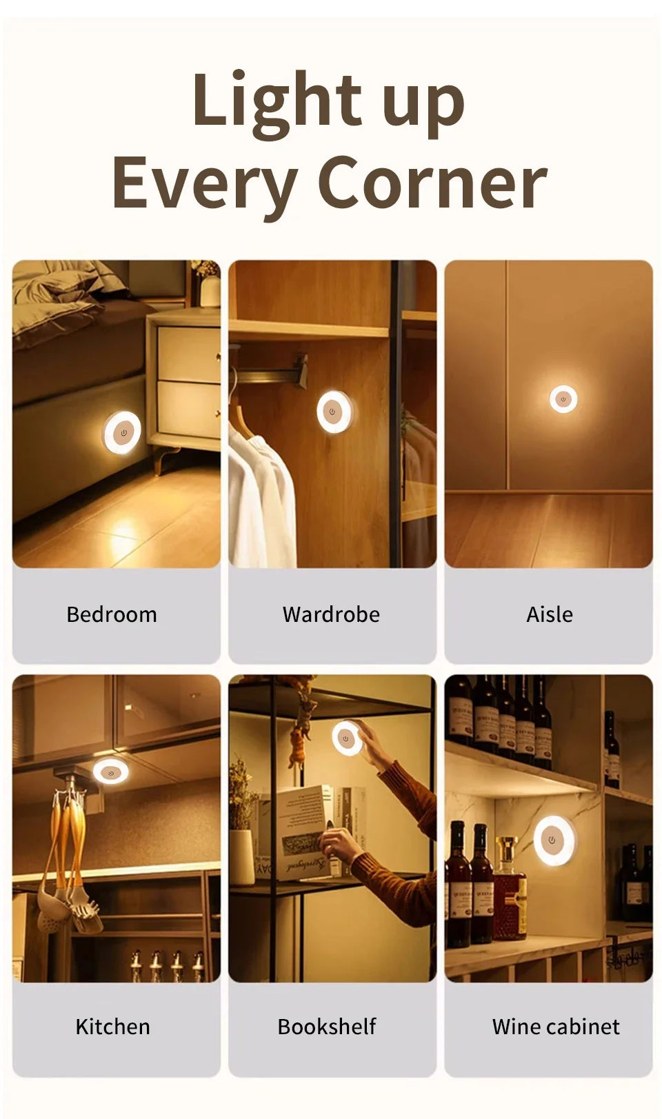 Wireless Led Book Light 6cm Rechargeable Wall Lamp with Touch Switch Night Light 3-Colors Dimmable Portable for Bedroom Reading
