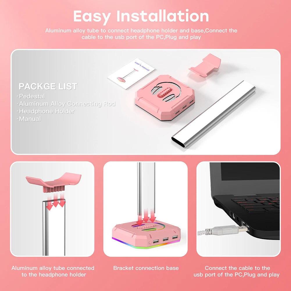 RGB Gaming Headphone Stand Over-ear Headset Desk Bracket Desktop Computer Earphone Display Holder Luminous with 3 USB Ports