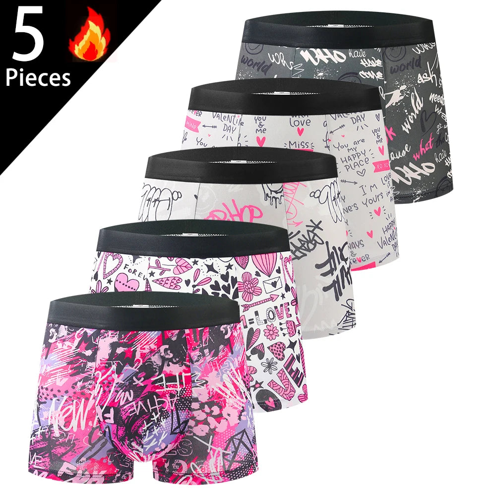5-pack men's boxer briefs, Valentine's Day love trendy graffiti print men's boxer briefs