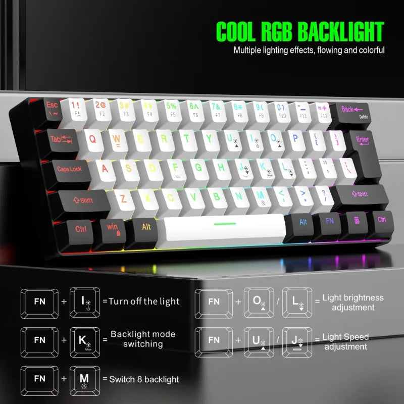 Wired Black & White 61-key Mini RGB Backlit Gaming Keyboard with Mechanical Feel Portable and Compact for Business & Office Use