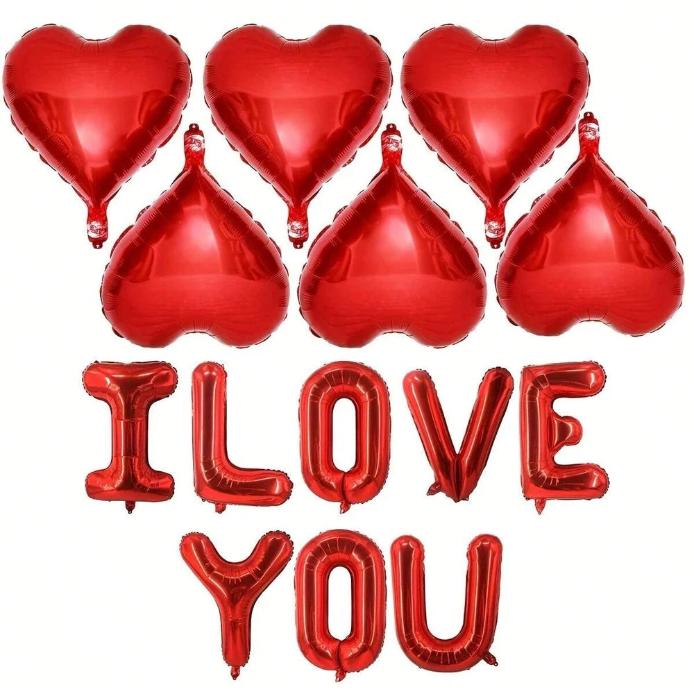 I LOVE YOU letter balloon set with heart-shaped aluminum foil balloons for Valentine's Day proposal, wedding party decoration