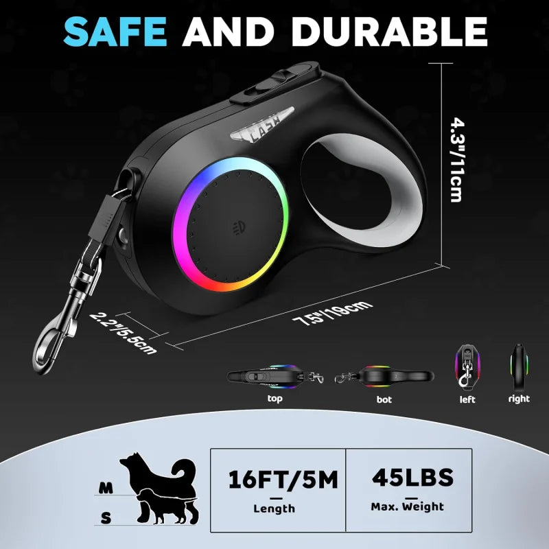 Retractable Dog Leash with LED Flashlight for Small Medium Large Breed Dogs