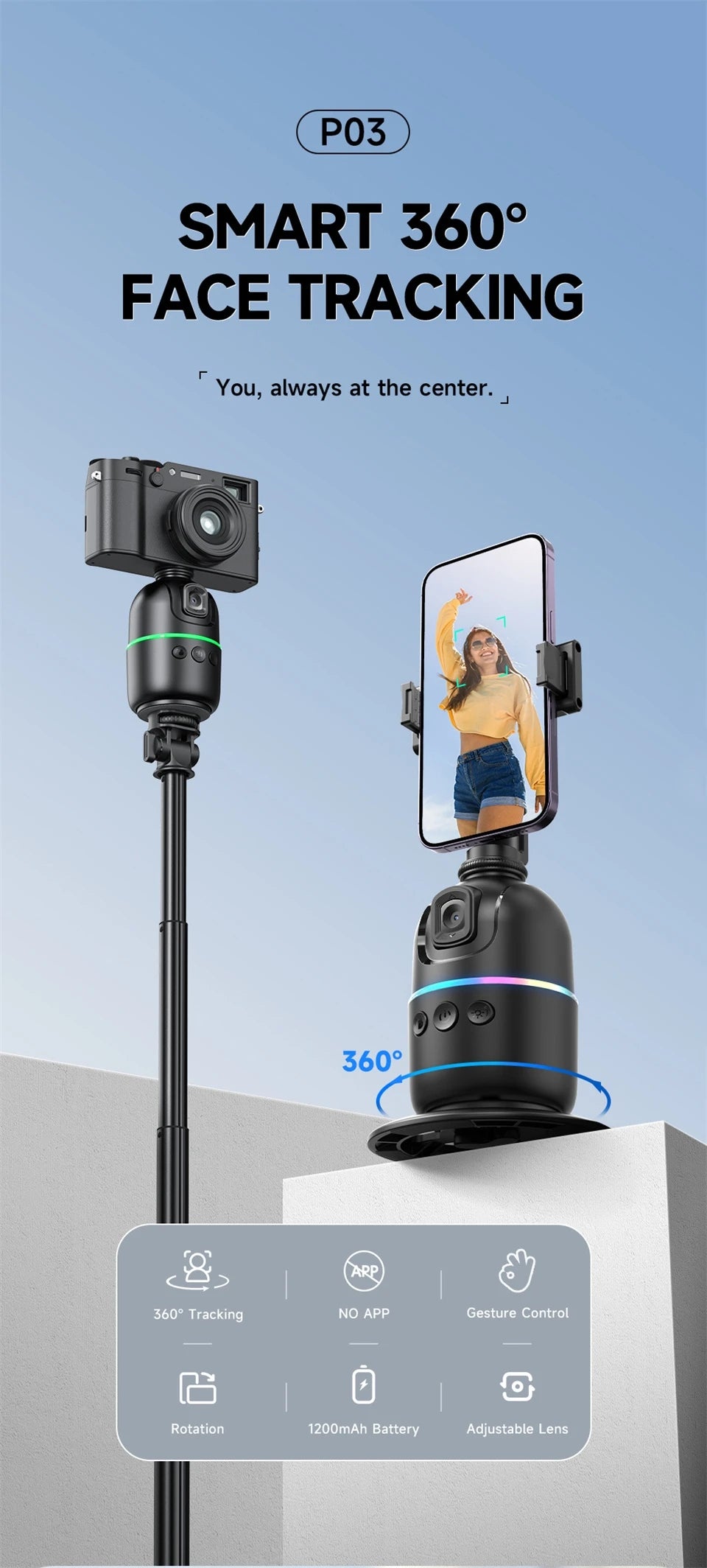 FANGTUOSI AI Smart Gimbal 360° Selfie Stick Auto Face Tracking Gimbal Rotation For Smartphone video Vlog Stabilizer Phone Holder