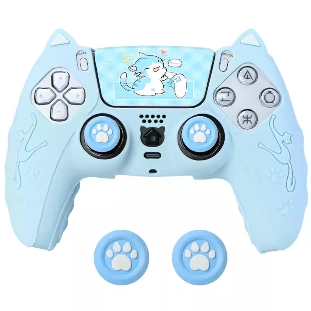Silicone Controller Case Set with Thumb Grip Caps Cat Paw Controller Skin with Sticker Anti-slip Protective Shell Cover for PS5
