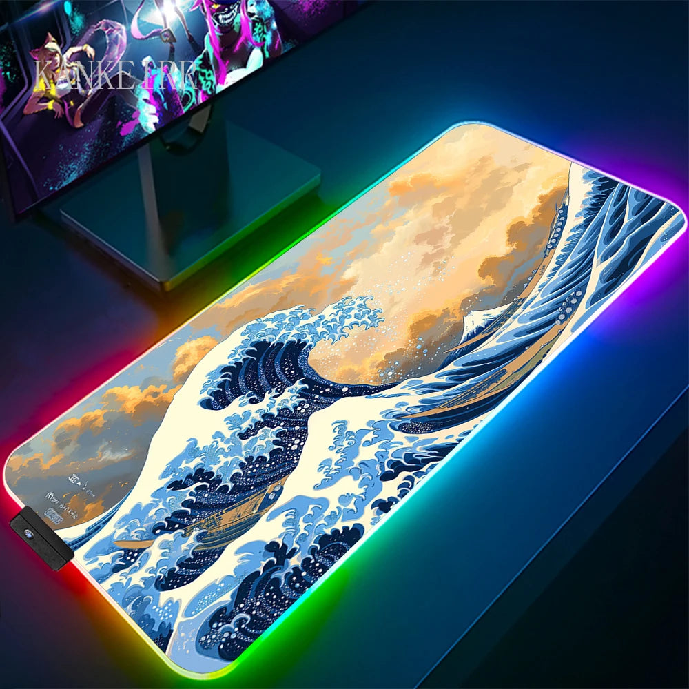 The Great Wave off Kanagawa RGB Gaming Mouse Pad Desk Mat LED Light Mousepad Artistic Computer Carpet With Backlit Mouse Pads