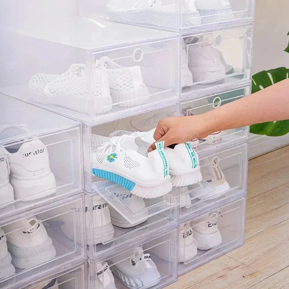 6pcs Transparent Shoe Boxes Stackable Shoe Cases Storage Plastic Shoes Box Dustproof Sneaker Boxes Shoes Furniture Organizers