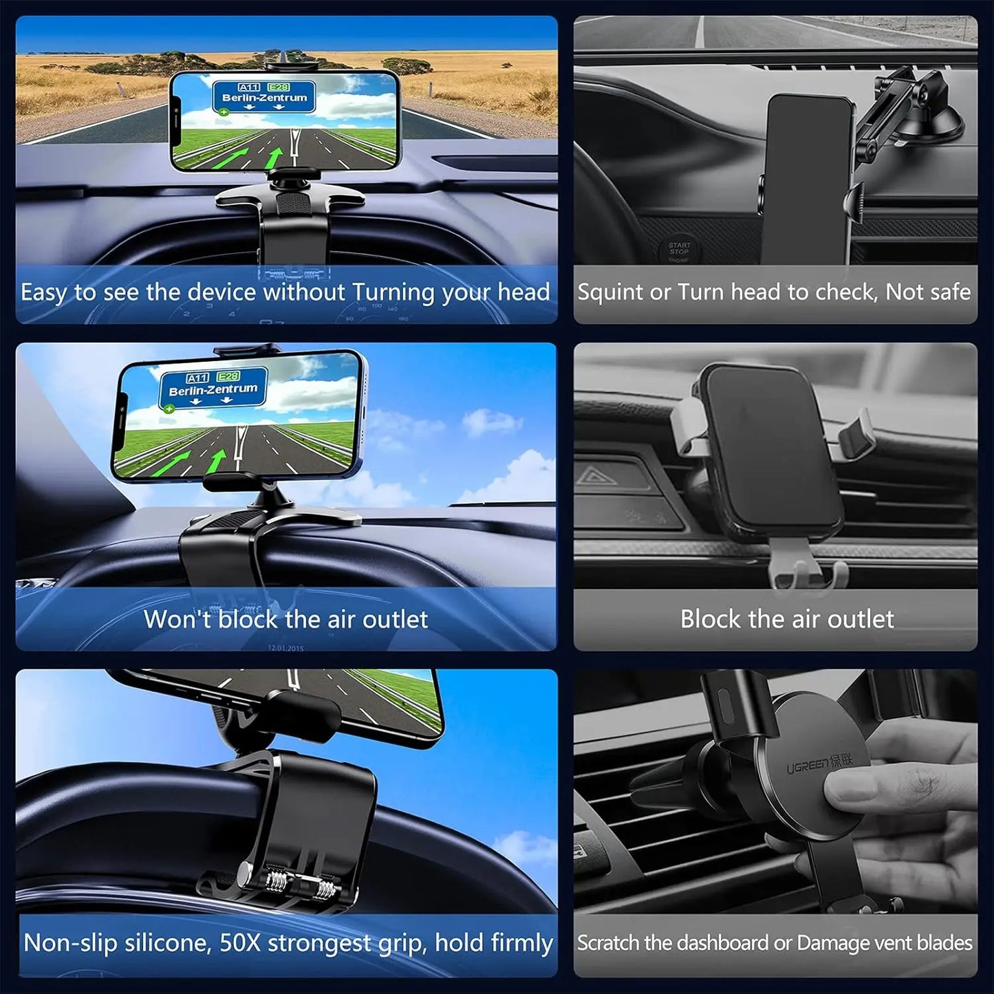360 Degree Rotation Dashboard Cell Phone Holder for Car Clip Mount Stand Suitable for 4 to 7 inch Smartphones