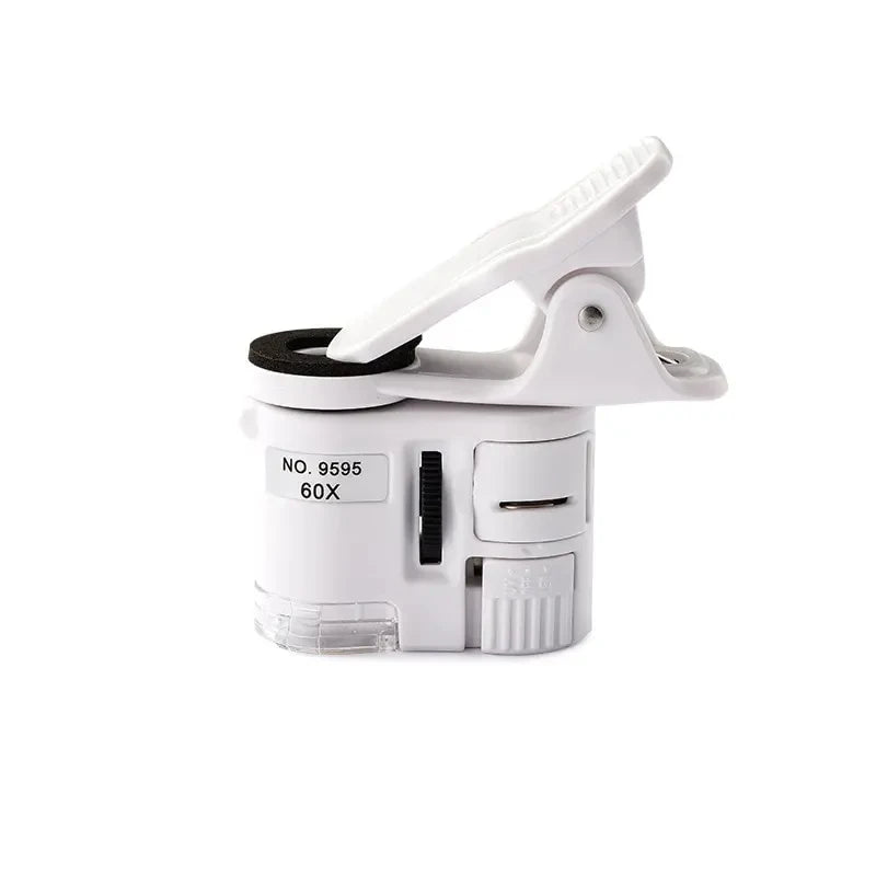60X Clip On Microscope with LED UV Light Jewelry Magnifier for Cell Phone Focusing Adjustable