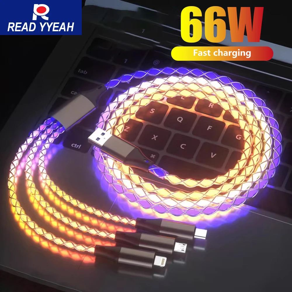 3 in 1 1.2M 6A Super Fast Charging Colorful Light Data Cable Drag Three RGB Breathing Gradient Car Charging Cable USB Universal