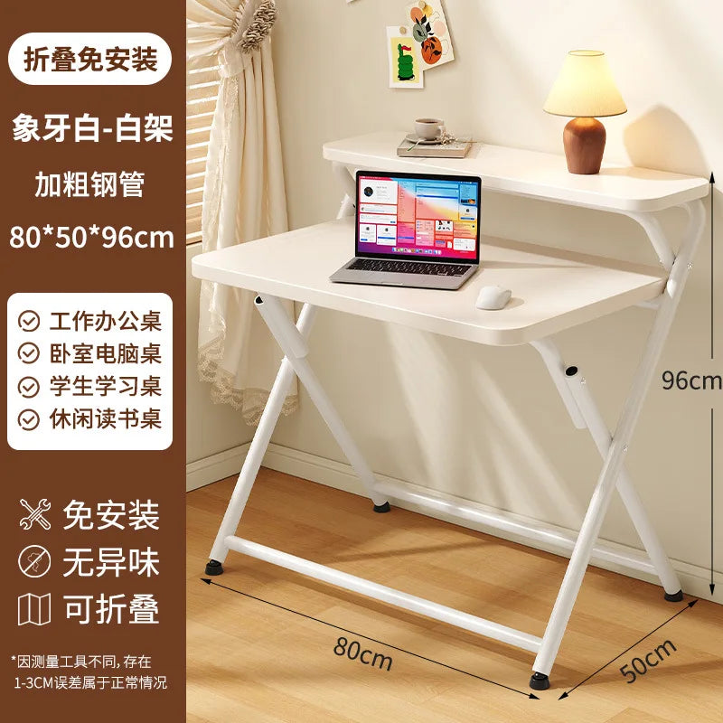 Foldable Computer Study Desk, Student Home Writing Desk, Small Apartment Simple Office Table,  Double-Layer  Functional Desk