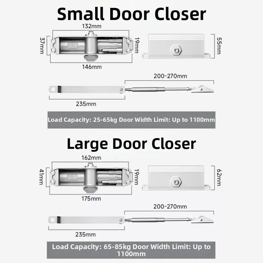 25-85KG Automatic Door Closer Mute Soft Closing Adjustable Speed Hydraulic Buffer Aluminum Alloy Protective Door