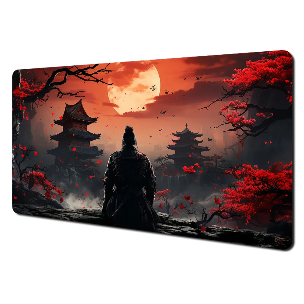 Red full moon samurai design Mouse Pad Desk Mat with Stitched Edges non-Slip rubber base pc accessories Gaming mat maus pad