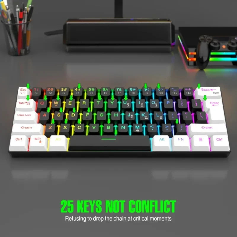 Wired Black & White 61-key Mini RGB Backlit Gaming Keyboard with Mechanical Feel Portable and Compact for Business & Office Use
