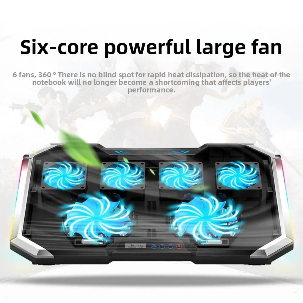 17 inch gaming laptop cooler, 6-fan LCD screen, two USB ports, 1500RPM laptop cooling pad, RBG luminous laptop stand