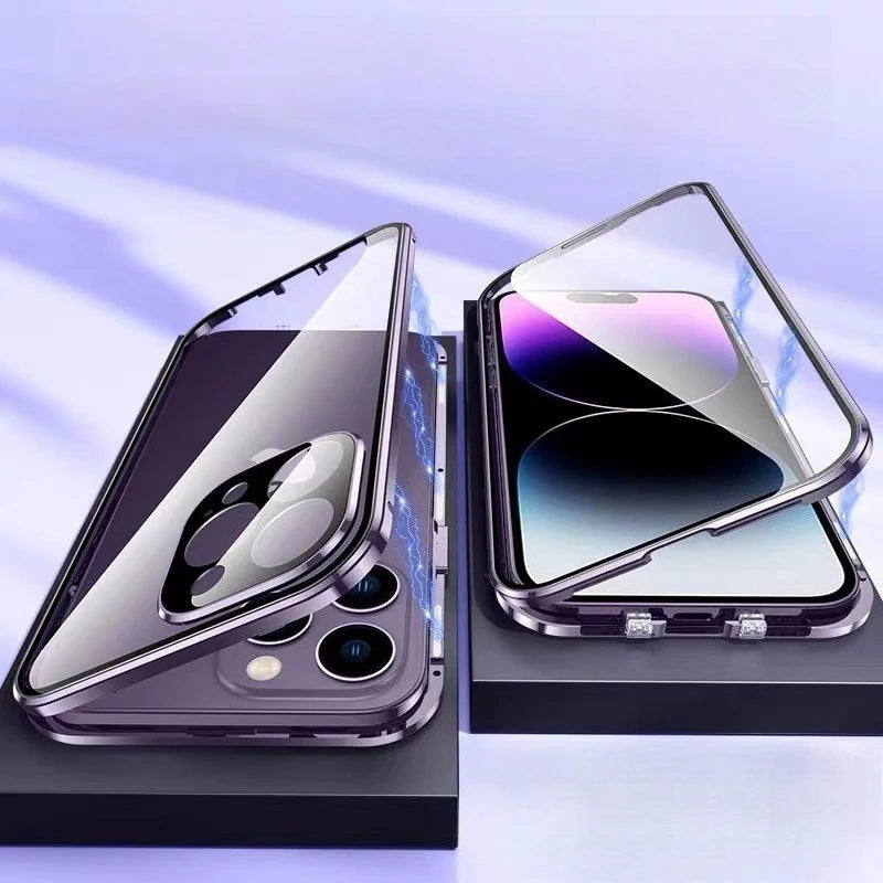 Double Sided Magnetic 360° Protection Glass Case For iPhone 17 16E 16 15 14 Plus 13 12 Mini 11 Pro Max Lens Protector Metal Case