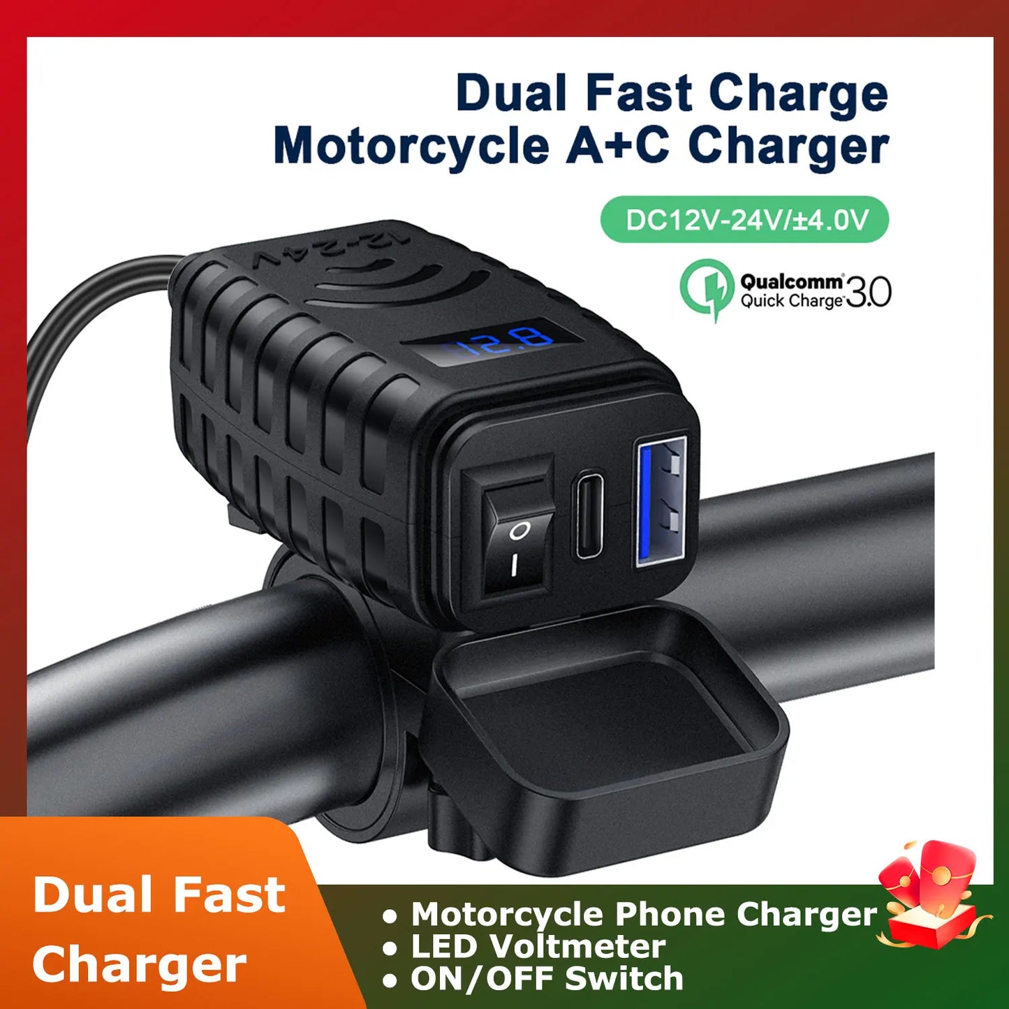 Motorcycle Phone Charger 48W Waterproof Motorcycle USB Charger Socket with Voltmeter & ON/Off Switch for Phone, Tablet, GPS