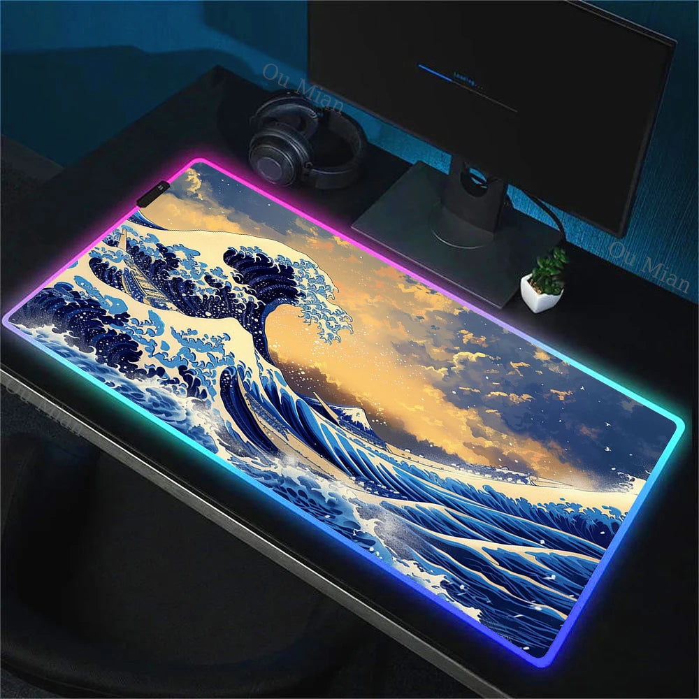 900x400mm RGB Mouse Pad The Great Wave off Kanagawa Design Waterproof Backlit Gaming Mousepad Protector with Laptop Accesso Mat