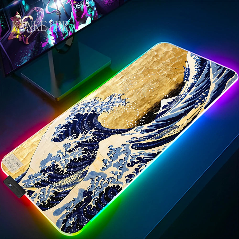 The Great Wave off Kanagawa RGB Gaming Mouse Pad Desk Mat LED Light Mousepad Artistic Computer Carpet With Backlit Mouse Pads