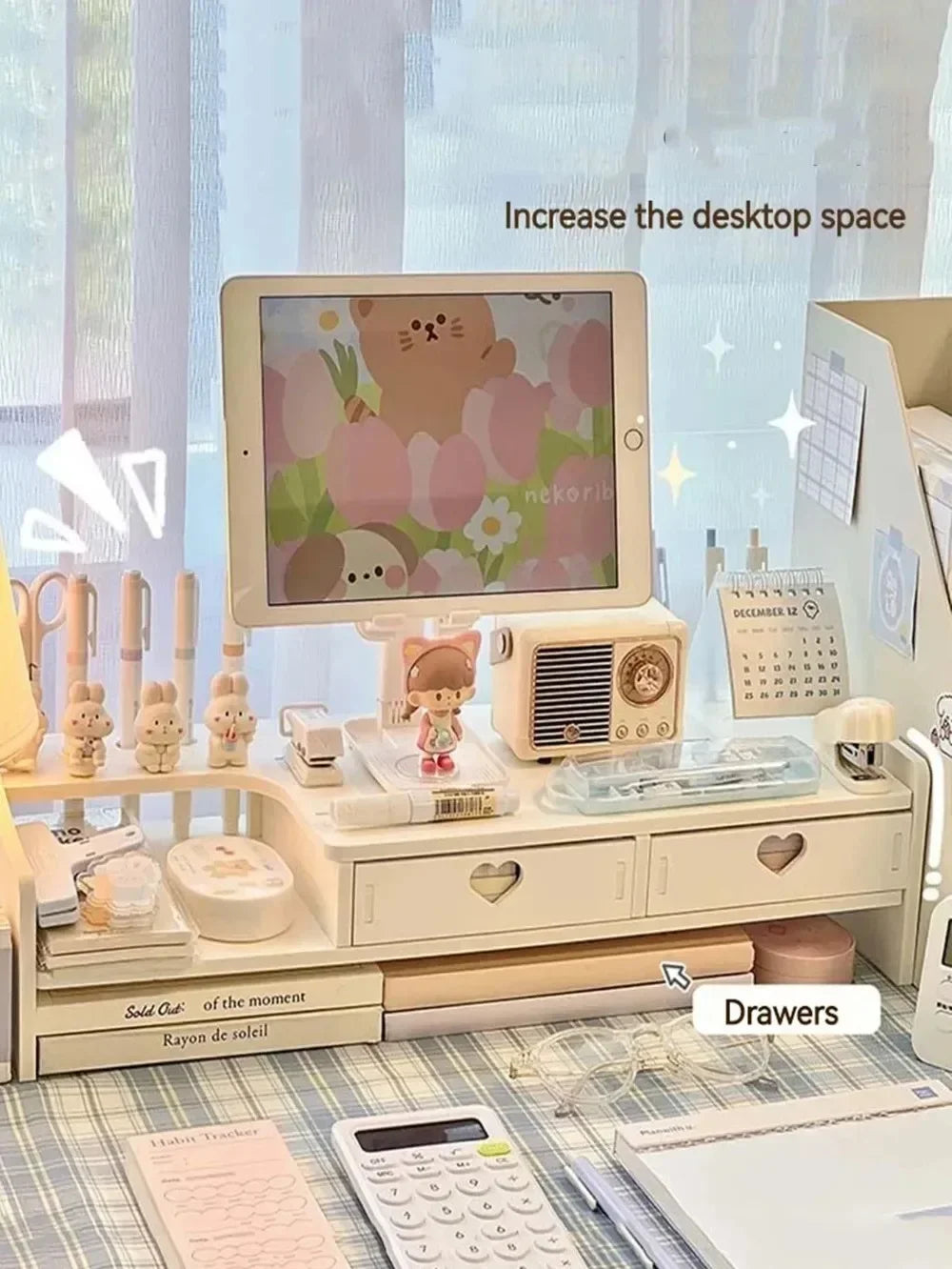 Desktop Storage Drawer Wooden Computer Laptop Elevated Stand with Drawers Creative Dormitory Office Desk Organizer Storage Rack