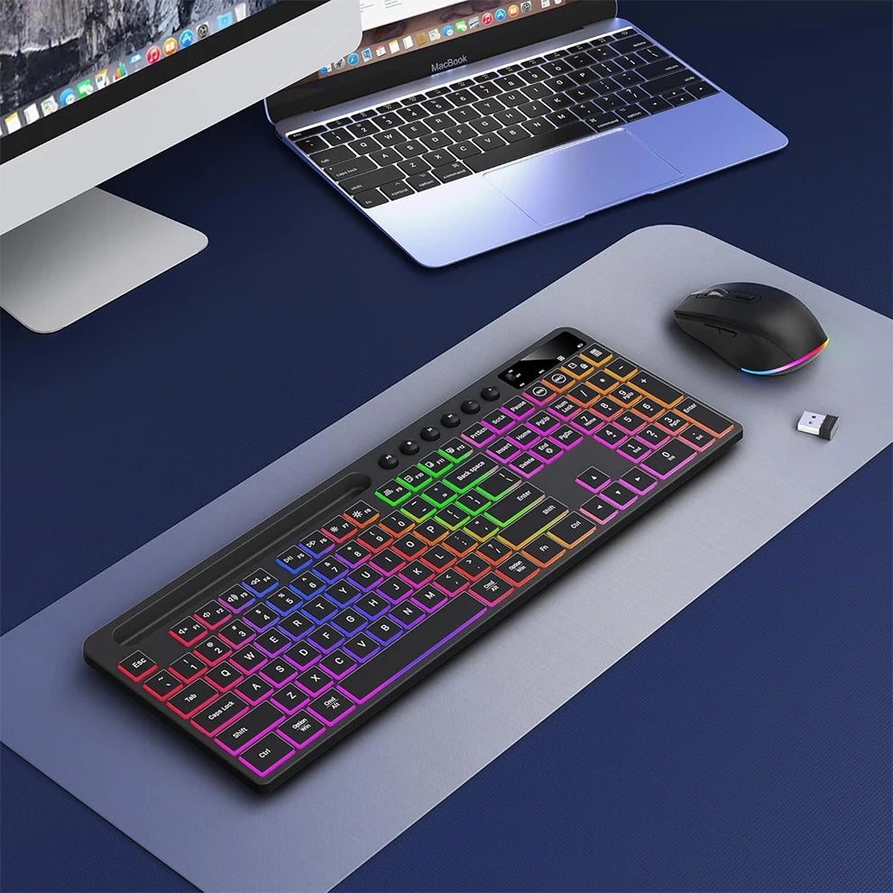 Wireless Keyboard and Mouse Combo with Backlit Full Size Ergonomic Keyboard with Phone Tablet Holder 2.4G Mouse for PC Laptop