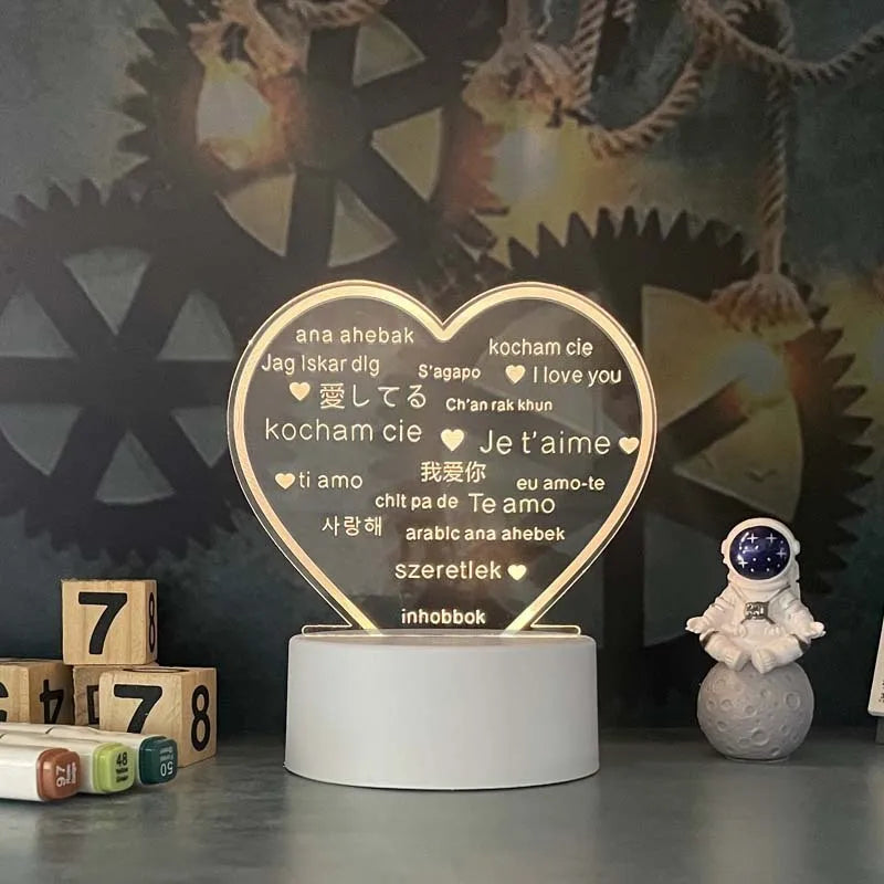 Romantic Love 3D Acrylic Led Lamp for Home Children's Night Light Wedding Decoration Birthday Party Valentine's Day Bedside Lamp
